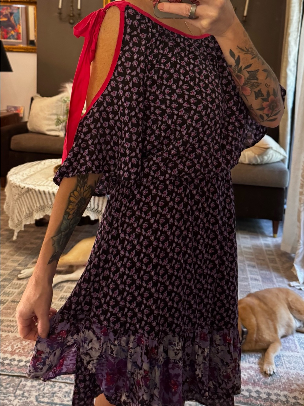 Free People Floral Purple Cold-Shoulder Midi Dress with Pink Tie Straps